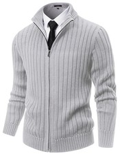Men's Cardigan Sweater Stand Collar Full Zip Up Sweater Slim Fit X-Large Grey
