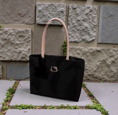 Hello Kitty Black Embroidery Nylon Bag with Zipper Closure         ~NEW~
