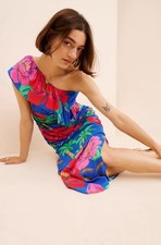 Farm Rio Floral One Shoulder Ruched MIDI Dress Tropical Colorful Size Large EUC
