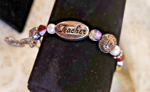 Whimsy, Classy Back to School Metal Charm Bracelet "Inspire, Wisdom, Teacher" 8"