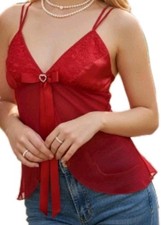 90s Y2k Womens Red Satin Sheer Babydoll Coquette Kawaii Cami Tank Top Sz M