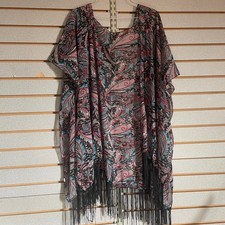 Womens One Size OS Black Paisley Print Kimono Cardigan Fringe Boho Festival