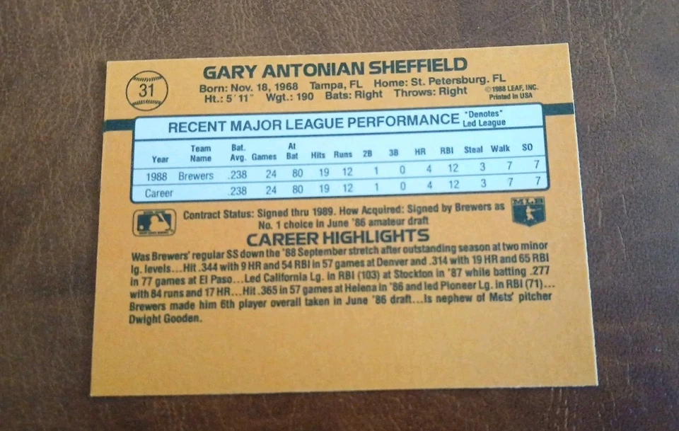 1989 Donruss Rated Rookie RC Gary Sheffield #31 AUTO Signed Autograph - Image 2 of 2