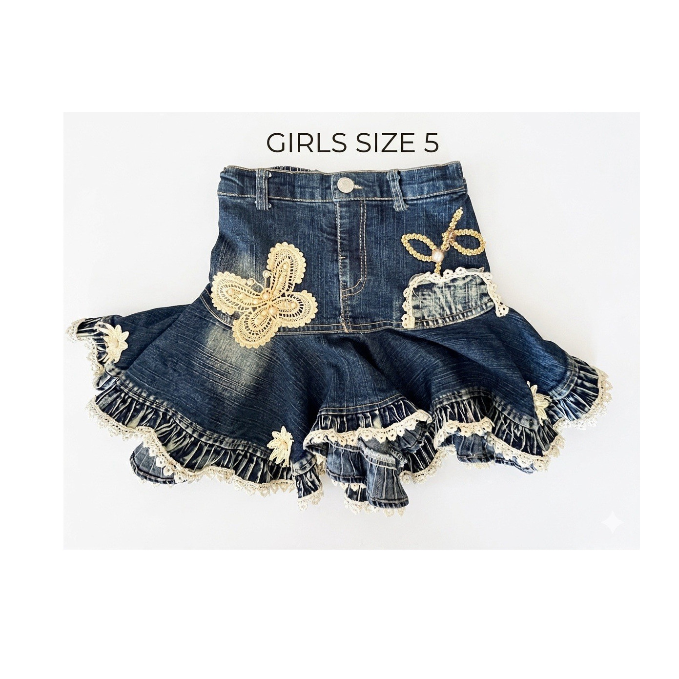 NWOT Shanil USA Girls Butterfly Lace Denim Ruffle Skirt Size