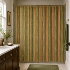 Traditional Jacquard Paisley Fabric Shower Curtain Sage Green Gold Stripe 69x70