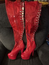 Stivali sopra il ginocchio ballerina spogliarellista tacco alto rosso plateau 6" taglia 9 Pleaser