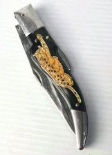 Vtg 1950s Yasuolmai Seki Japan Leopard Lock Back Folding Knife with swing guard