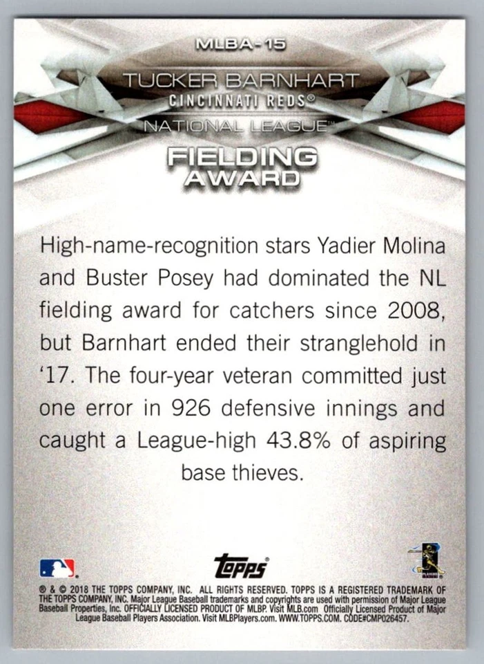 2018 Topps MLB Awards Tucker Barnhart Cincinnati Reds #MLBA-15 - Image 2 of 2