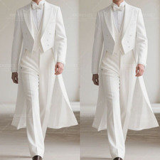 White Men's Long Suit Wedding Groomen Formal tailcoat Tuxedo Bridal Outfits 3Pcs
