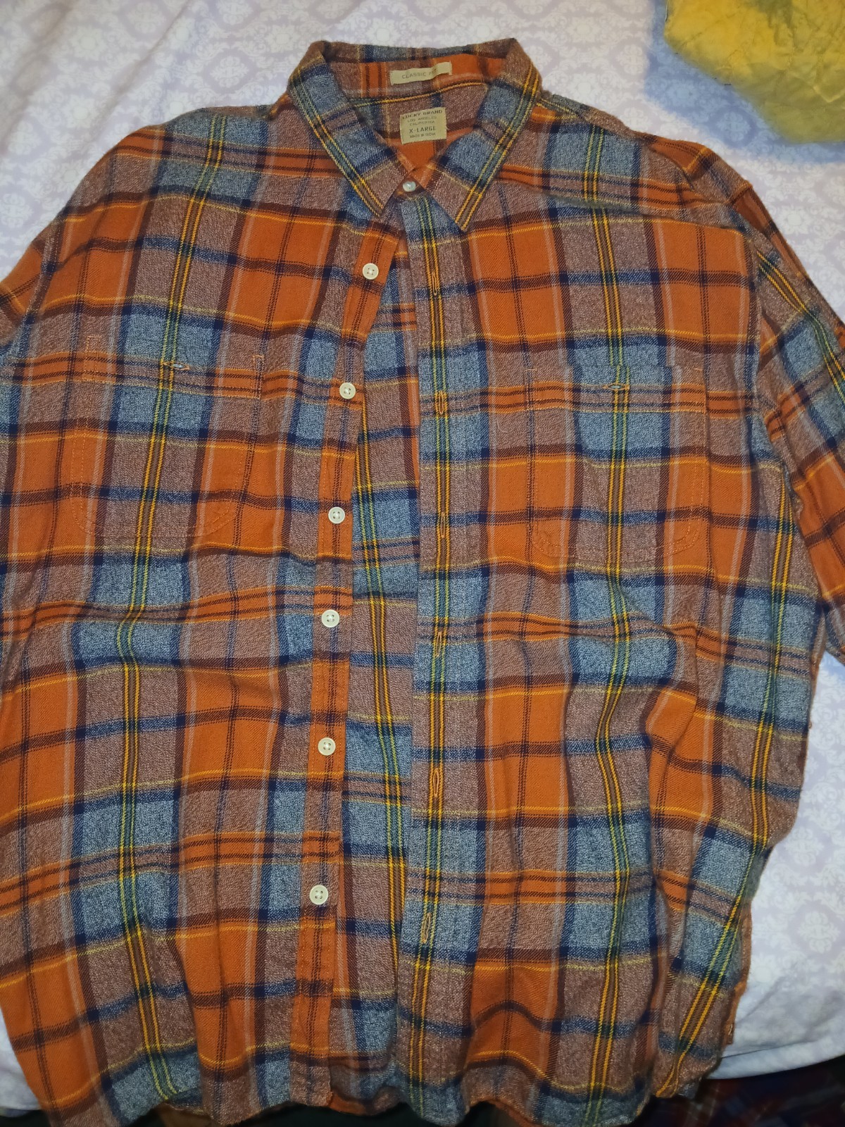 Lucky Brand Men's XL Plaid Button-Up Flannel Shirt Orange Blue