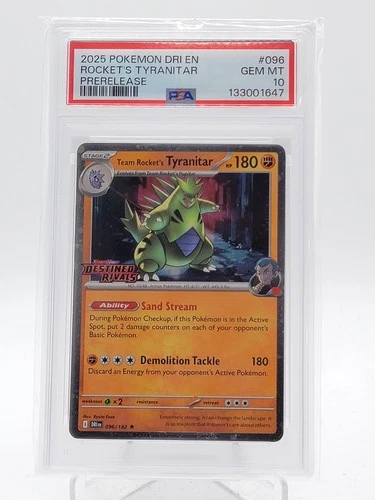 ROCKET'S TYRANITAR 2025 POKEMON DESTINED RIVALS #096 PRERELEASE PSA 10 Q0895