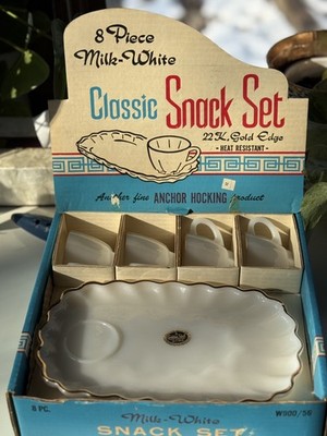 CUTE AS HECK  Anchor Hocking 8 Piece Snack Set Milk Glass  22k Gold Edge MCM