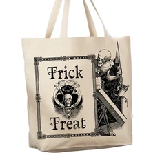 Trick or Treat Skeleton Frame Fancy Reusable Grocery Shopping Cotton Canvas Bag