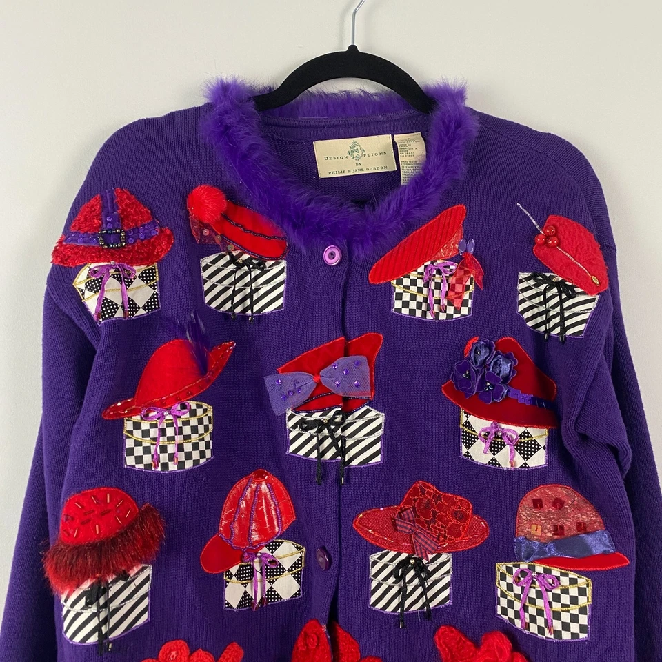 Cárdigan Vintage Phillip And Jane Gordon Talla S Púrpura Rojo Sombrero Adornado Foto 2 de 4