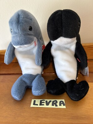 2 lot ~ WAVES whale & ECHO dolphin Ty Beanie Babies 8'' new