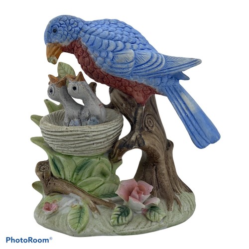 Antigua estatuilla bisque azul alimentación de pájaros bebés Alemania Kalk alrededor de principios de 1900 - Imagen 1 de 12