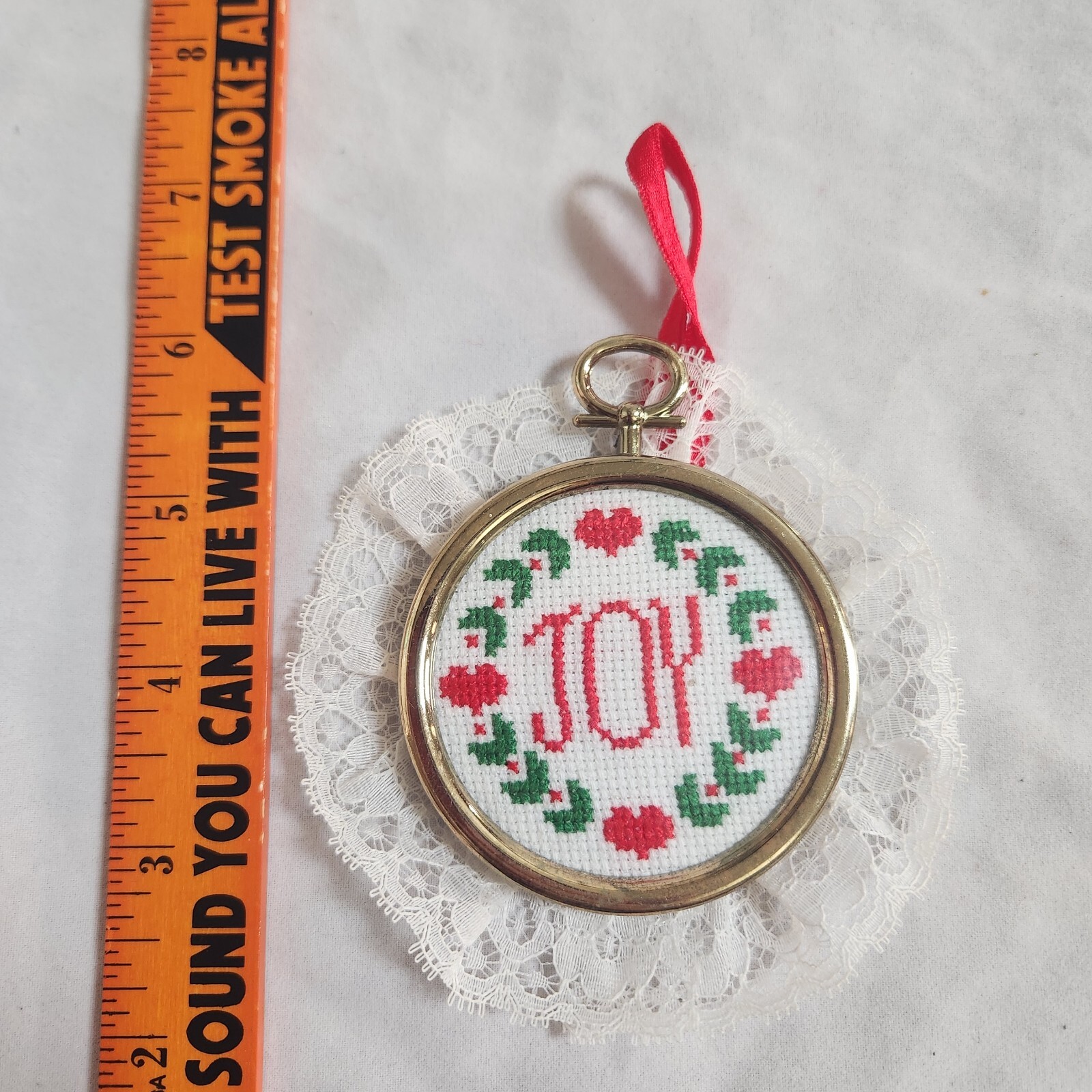 Cross Stitch JOY Heart Lace Christmas Ornament Handmade Embroidery Hoop