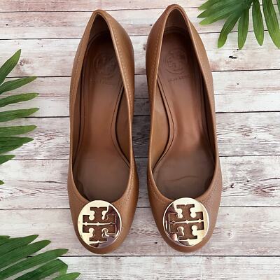 Tory Burch Sally Closed Toe Wedge Royal Tan/Gold Logo Napa Leather