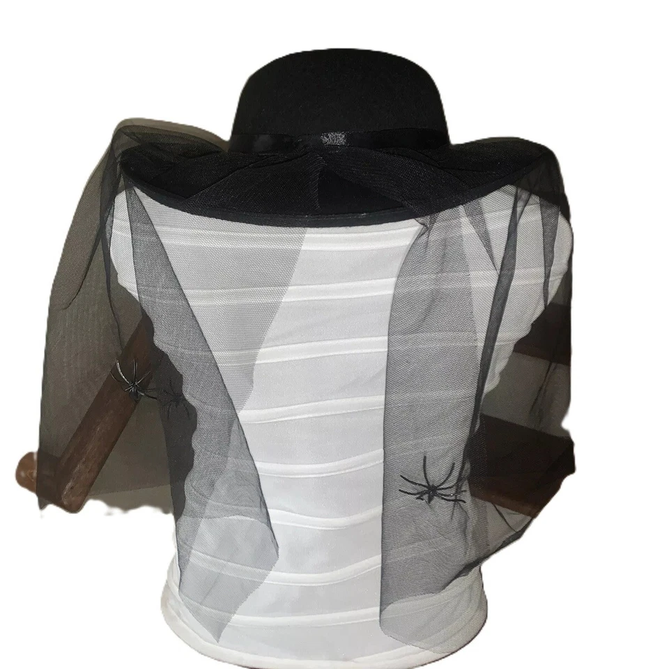 Goth BLACK MOURNER HAT VEIL Rosette Spider Steampunk Halloween Costume Accessory - Image 2 of 4
