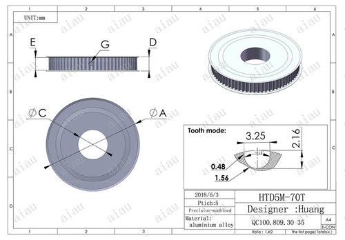 Polea de correa de distribución HTD5M70T 70 dientes 10/12 mm diámetro 16 ancho paso a paso motor 5 pasos - Imagen 4 de 4