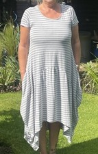 Lagenlook QUIRKY ARTY BOHO Grey & White Stripe jersey Cocoon DRESS 42-56” Bust