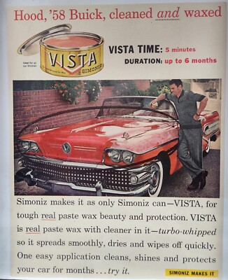 #ad 1958 Buick Convertible Red Simoniz Vista Waxed MCM Original Print Ad Life Mag $12.00