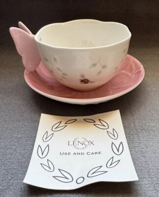 Lenox Butterfly Meadow Pink Tea Cup and Saucer Figural Handle Bee