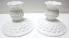 Vintage Fenton Glass Candle Stick Holders PAIR Milk Glass Hobnail 3 1/4" T #2