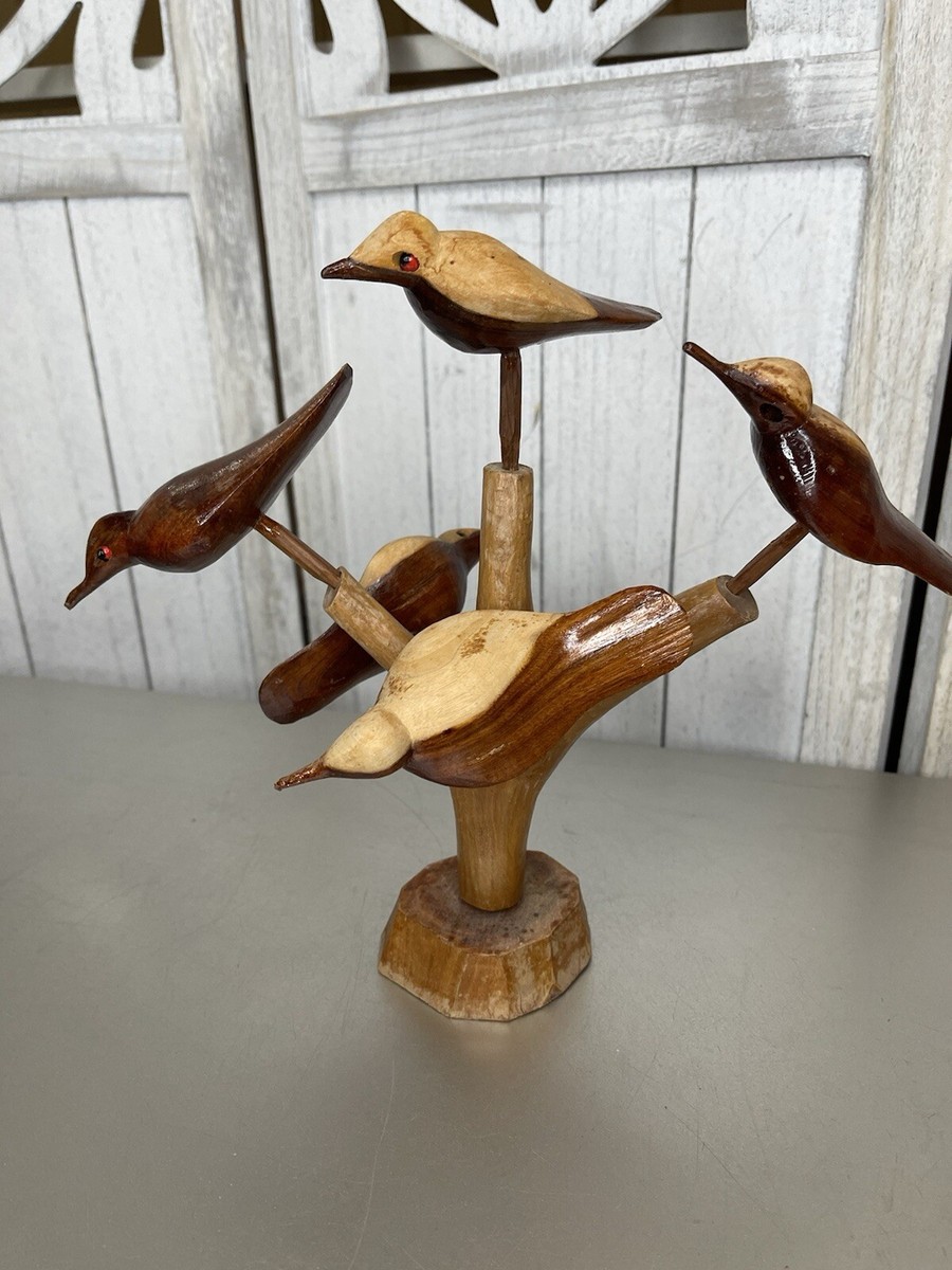 Vintage Mid Century Wood Sculpture 5 Birds Tree Brown Folk Art