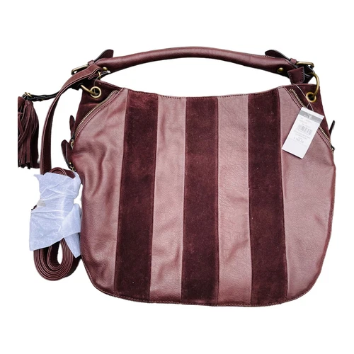 New Wilsons Leather Black Rivet Dark Brown Suede Stripe Mix Media Hobo Bag NWT