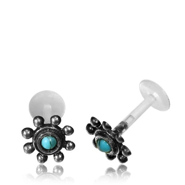 PENDIENTE BIOPLÁSTICO LABRET TRAGUS LIP flor plata única turquesa 16g 5/16 8mm Foto 3 de 3