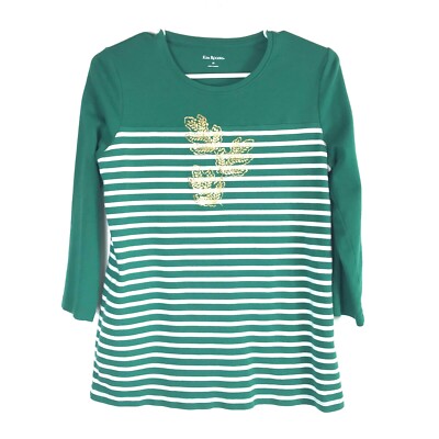 Women's Kim Rogers Round Neck Green White Stripe w Gold Embossed Leaves Size M