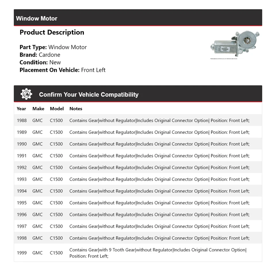 Motor ventana delantero izquierdo cardone 1989 1990 1991 1992 1993 GMC C1500 1988-1999 Foto 2 de 4