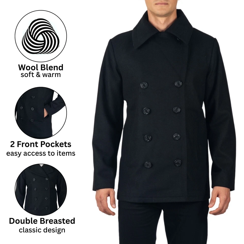 Alpine Swiss Mason Mens Wool Blend Pea Coat Jacket Double Breasted Dress Coat - Image 3 of 4