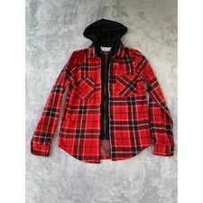 Red Plaid Shacket Hoodie Women s S Flannel Layering Jacket Casual Streetwear