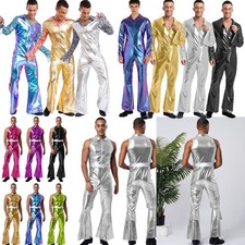 Mens 70s Disco Dance Costume Shiny Metallic Jumpsuit Halloween Fancy Rompers