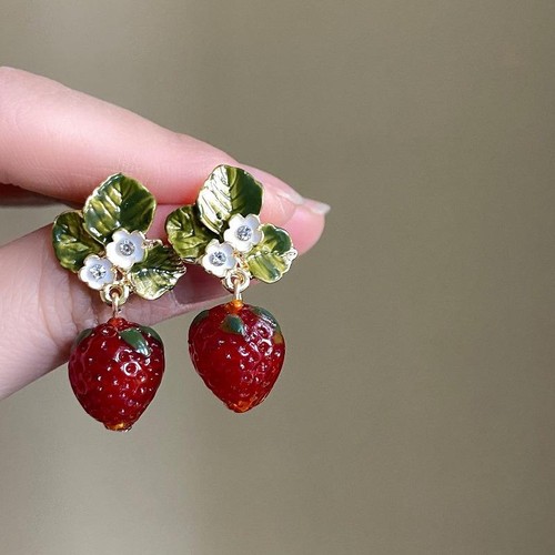 Delicati orecchini goccia fiore fragola per donna simpatici 3d frutta gioielli regalo - Foto 4 di 27