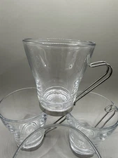 Set Of 4 Bormioli Rocco Tempered Glass Italian Coffee Mugs Metal Ring Handles