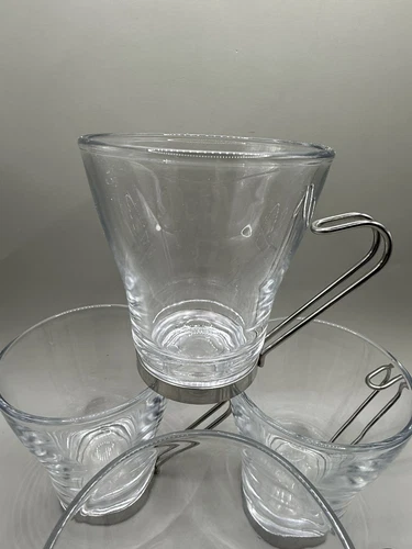 Set Of 4 Bormioli Rocco Tempered Glass Italian Coffee Mugs Metal Ring Handles
