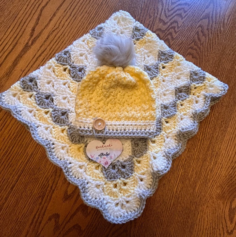 yellow & gray farmhouse  handmade crochet  Baby  blanket & hat set  - Image 4 of 4