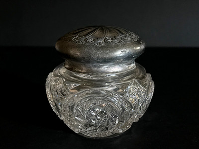 Fostoria EAPG No.1467  Virginia  Puff Jar w/ Repousse Silverplate Lid c.1906