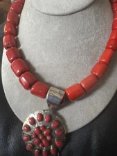 Amazing Rare Jay King Desert Rose Trading SS &  Red Coral Pendant Necklace 18-21