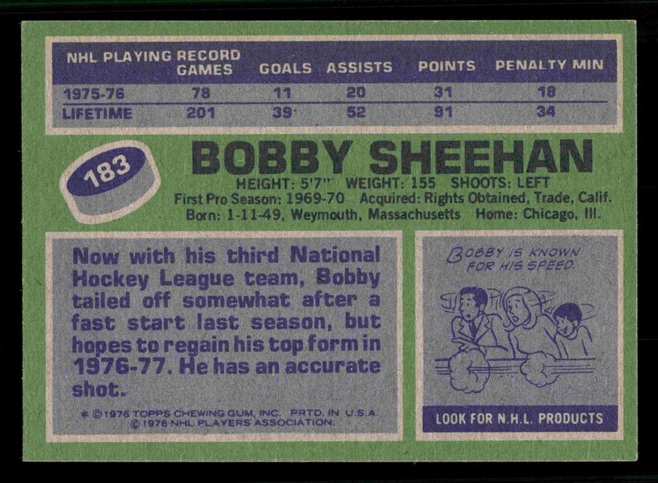 1976-77 Topps Bobby Sheehan #183 - Chicago Blackhawks - Image 2 of 2