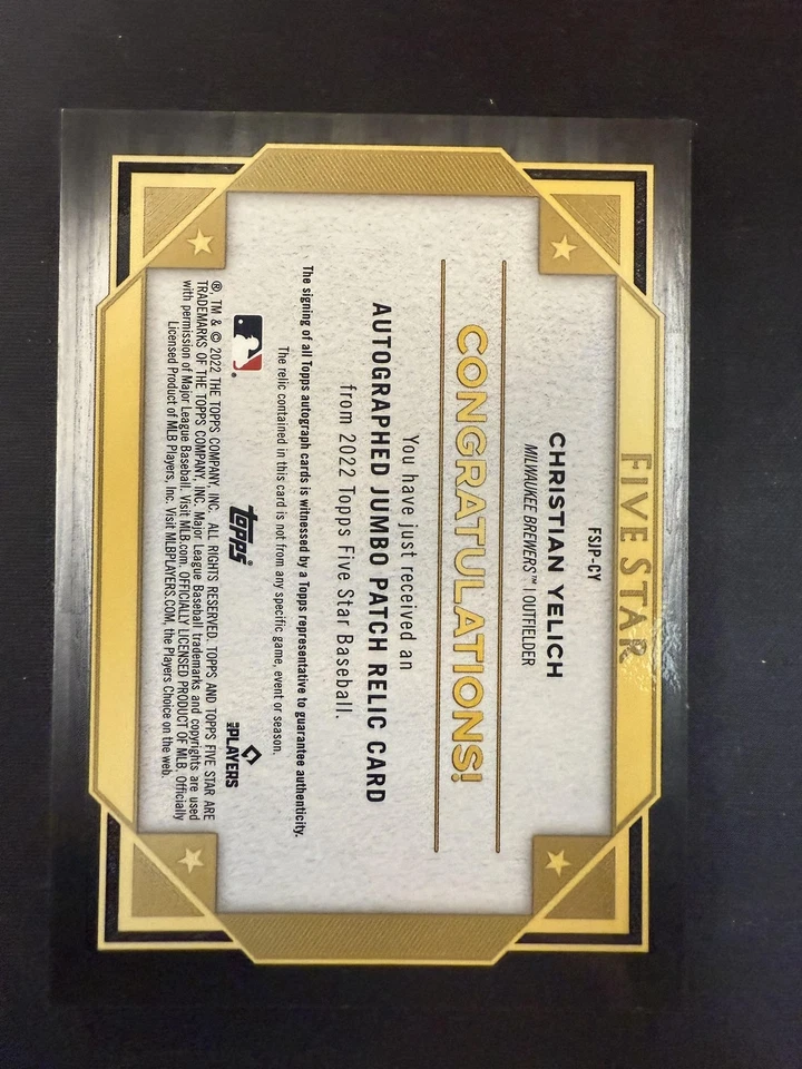 #FSJP-CY Christian Yelich 2022 Topps Five Star Brewers Auto Jumbo Prime - Image 2 of 2