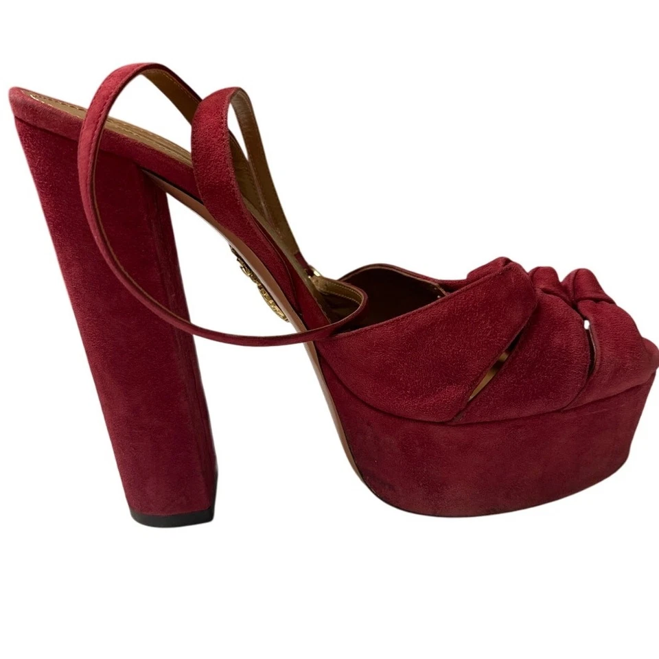 Sandalias Aquazzura Mira rojas de gamuza con plataforma de tacón 37,5/7,5 bloques con tira trasera Foto 2 de 4