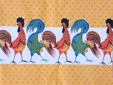 Vintage 1950s Border Print Rooster Chicken Cotton Novelty Fabric