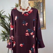 Old Navy Dress Women XL Burgundy Floral Polyester Bell Sleeve Smocked Midi