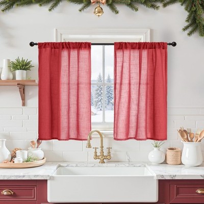 Red Linen Cafe Curtains 36 Inch Length, Small Half Drapes Semi Sheer for Kitc...