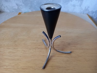 Vintage Art Deco Chrome Plated Brass and Lacquered Wood Candlestick.