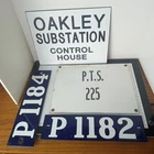 Vintage Industrial Sign Lot 3 Porcelain Enamel Tags & Oakley Substation Sign PTS